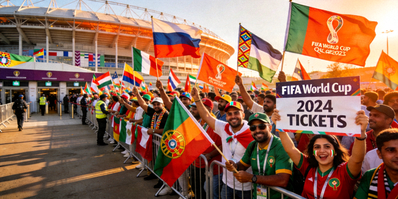 热情的球迷在体育场外挥舞旗帜等待购买世界杯门票